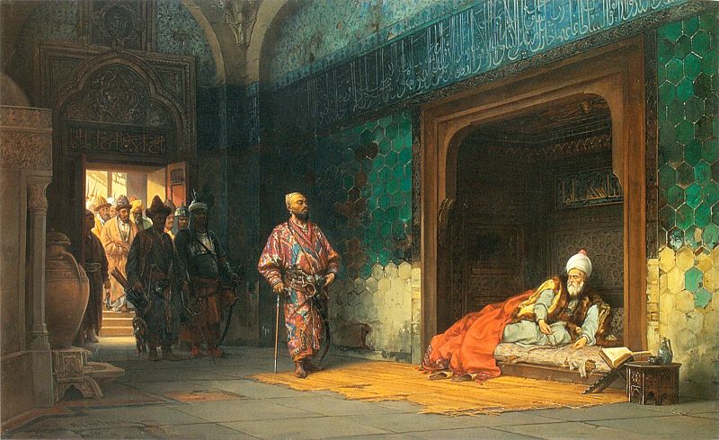 Tamerlane imprisons Bayazid I, Ottoman sultan after the Battle of Ankara, 1402 (Stanislaw Cheblowski) (1835-1884)